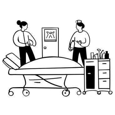 Two nurses in scrubs standing beside a hospital bed, one nurse holding a bottle of antiseptic while the other spreads the antiseptic on the skin of a patient. The patient is lying on the bed, covered with a surgical drape. Various medical instruments are arranged neatly on a nearby tray. The room is filled with sterile equipment and supplies, enhancing the clinical atmosphere.