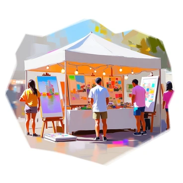 An art festival booth featuring a variety of artworks displayed on both "1/4" and "1/8" illustration boards. The booth has a colorful array of paintings and drawings, showcasing various styles and techniques. Each board is carefully arranged, with "1/4" boards prominently positioned at the back and "1/8" boards arranged in front for easy viewing. The booth is adorned with decorative elements, such as small plants and string lights, creating an inviting atmosphere for visitors. Artists are standing nearby, engaging with attendees and discussing their works.