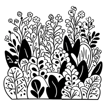 A black-and-white illustration of a lush garden filled with various types of ferns, displaying intricate leaf patterns. There are clusters of flowers with different shapes and sizes, arranged throughout the garden. Some of the flowers are blooming with distinct petal structures, while others are still in bud form. The scene is dense and full, with overlapping greenery and flowers, creating a sense of depth.