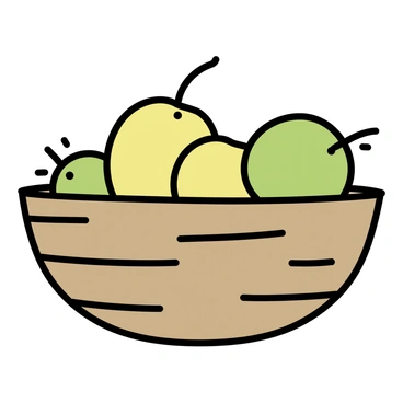 A rustic wooden bowl, showcasing a textured surface with visible grain patterns, is positioned on a kitchen counter. The bowl is filled with ripe, juicy "birnen," indicating their round shape and smooth skin. The kitchen counter has a warm, natural wood tone, complementing the earthy feel of the bowl. Light reflects off the surface of the birnen, highlighting their vibrant green and yellow hues.