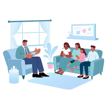 A Tata AIA agent is seated on a comfortable sofa in a cozy living room, engaging with a family. The agent is dressed in professional attire, holding a tablet and explaining various services. The family consists of two adults and two children, all attentively listening. The living room is decorated with warm colors, featuring a coffee table with brochures and a plant in the corner. There is a soft rug on the floor, and a window with curtains allows soft light to illuminate the space.
