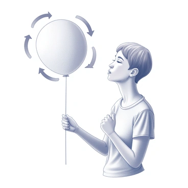 A person with short hair is standing to the side, holding a brightly colored balloon at the neck. Their cheeks are puffed out as they blow air into the balloon. The balloon expands visibly, and clear arrows are illustrated around it, pointing outward to indicate the increase in volume. Below the balloon, additional arrows are directed upward, demonstrating the rise in pressure inside as the balloon inflates. The person's expression shows concentration and effort during the action.
