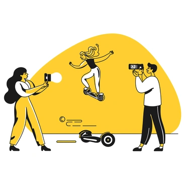 A photographer standing on the sidelines with a camera, capturing dynamic action shots of a model riding a mini segway. The model is wearing a stylish outfit, with her hair flowing as she maneuvers gracefully on the segway. The background displays a smooth, open area where the model is performing tricks. The photographer is focused, adjusting settings on the camera to capture the perfect moment. The lighting highlights the movement and creates a sense of energy in the scene.