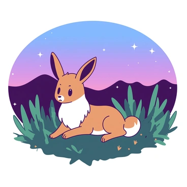 A brown Eevee is sitting in a field of tall green grasses that sway gently in the breeze under a twilight sky. The grasses are illuminated by a soft orange glow from the setting sun, creating a warm ambiance around the Eevee. The Eevee has its ears perked up, gazing curiously at the horizon, surrounded by the lush greenery of the field. The sky above transitions from light blue to deep purple as night approaches, dotted with a few early stars beginning to twinkle.