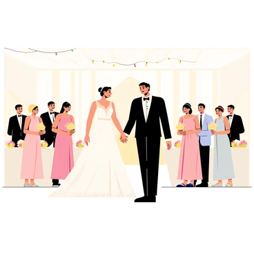 A couple rehearsing their wedding reception entrance stands at the center of a spacious banquet hall. The bride wears a flowing white gown adorned with delicate lace details, while the groom is dressed in a classic black tuxedo with a white shirt and a black bow tie. Surrounding them is their wedding party, consisting of four bridesmaids in matching pastel-colored dresses and four groomsmen in coordinated suits. Laughter fills the air as they practice their coordinated entrance, with some members holding hands and others playfully nudging each other. Tables are set with elegant centerpieces featuring flowers in soft hues, and twinkling fairy lights hang above, creating a festive atmosphere.