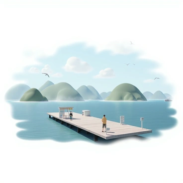 A ferry terminal with a wooden dock extending over the water. The scene features a wide expanse of blue sea, with gentle waves reflecting sunlight. In the distance, several lush green islands can be seen, partially shrouded in soft mist. The sky above is clear, with a few scattered fluffy white clouds. A couple of seagulls are flying above the water, and a few boats are visible on the horizon. The terminal has a few people waiting, standing near informational signs and benches, enjoying the view.