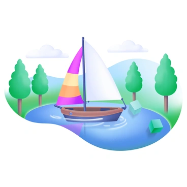 A miniature sailboat with a "striped sail" is gliding across a "calm pond." The water's surface reflects the colors of the sail and the surrounding greenery. Lush trees outline the pond's edges, providing a serene setting. Soft ripples radiate from the boat as it moves gently through the water. In the background, a clear blue sky enhances the peaceful atmosphere of the scene.