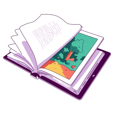 A white traditional illustrated book page with intricate designs and colorful illustrations is partially transforming into a digital tablet screen. The left side of the image shows the book page with vibrant images depicting a forest scene, including trees and animals. The right side transitions smoothly into a sleek tablet screen displaying the same forest scene in a digital format. The colors on the tablet screen are bright and vivid, reflecting the illustrations from the book page. The background features a subtle gradient from teal to orange, enhancing the contrast between the traditional and modern elements.