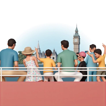 A group of tourists, consisting of three adults and two children, is seated on the top deck of a red double-decker bus. The adults are wearing summer attire: one man in a blue short-sleeve shirt and beige shorts, another man in a green polo shirt and white pants, and a woman in a floral dress with a wide-brimmed hat. The children are excitedly pointing at a large statue in the distance, with one child wearing a bright yellow t-shirt and the other in a red cap. The scenery features various city landmarks visible in the background, including a tall clock tower and historic buildings, with a clear blue sky above. Some tourists are taking photos, while others are chatting and enjoying the view.