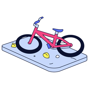 A bicycle is lying on its side on a gray sidewalk. The bicycle has a bright red frame with black tires. The handlebars are turned at an angle, and one pedal is lifted off the ground. Surrounding the bicycle, there are scattered leaves and small stones. The sidewalk has a concrete texture with visible cracks.