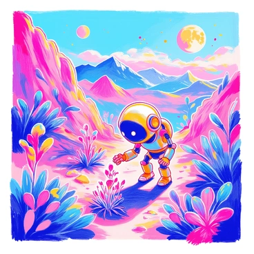 A friendly robot with a sleek metallic body and large expressive eyes is exploring a vibrant alien planet. The landscape is filled with unusual rock formations in various bright colors, including pinks, purples, and greens. Strange, bioluminescent plants with glowing leaves surround the robot, illuminating the area with a soft light. In the sky, two moons are visible, casting unique shadows on the ground. The robot is bending down to examine a peculiar flower with iridescent petals that shimmer in the light. In the distance, a range of towering mountains adds depth to the scene.
