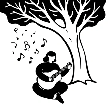A blind musician with long hair sitting cross-legged beneath a large tree, strumming a guitar. The musician's hands are gracefully moving over the strings, creating a sense of rhythm. Surrounding the musician, various musical notes are swirling in the air, forming an intricate pattern. The tree has a thick trunk and a dense canopy of leaves, casting dappled shadows on the ground.