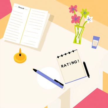 A cozy restaurant table with a wooden surface, neatly set with a white tablecloth. On the table, there is a folded menu and a small candle holder illuminating the scene. A notepad featuring a "Food Rating" written in bold letters is placed prominently, alongside a pen. A glass of water and a small vase with fresh flowers are also present on the table, adding to the inviting atmosphere.