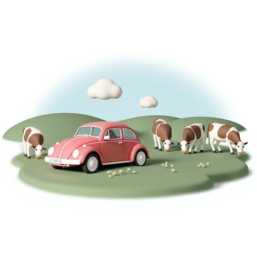 A bright red Beetle car, shiny and well-maintained, is parked in the center of a lush green pasture. The grass is vibrant, with patches of wildflowers scattered throughout. Nearby, three brown and white cows are grazing peacefully, chewing on the grass with their heads down. The sun casts a warm glow over the scene, illuminating the car and the cows. In the background, there are gentle rolling hills, adding depth to the landscape. A few fluffy white clouds float in the blue sky above.