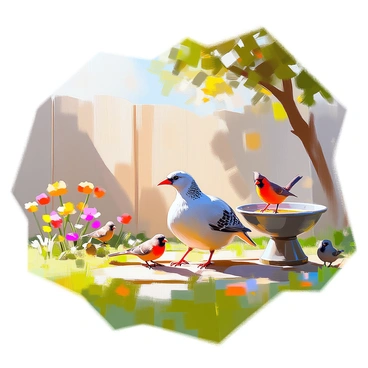 A lively backyard scene featuring a guinea fowl with a speckled gray plumage, actively interacting with a variety of other birds. The guinea fowl is pecking at the ground, surrounded by small sparrows with brown and white feathers and a couple of vibrant red cardinals perched on a low fence. A few colorful flowers add splashes of color to the green grass, while a birdbath stands nearby, inviting more avian visitors. Sunlight filters through the leaves of a nearby tree, casting dappled shadows on the ground. The atmosphere is filled with the sounds of chirping birds and the rustle of leaves.