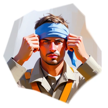 A close-up of a Texan soldier with sun-kissed skin and a rugged appearance, tying a blue bandana around his head. His facial expression shows determination and focus as he prepares for battle. He has short, dark hair and several days of stubble on his face. The background is blurred, emphasizing the soldier's intense gaze and the texture of the bandana as he pulls it tightly around his forehead. The soldier is dressed in a worn military uniform, and you can see the details of the fabric and stitching as he secures the bandana.