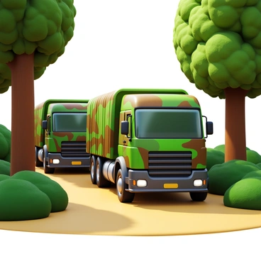 Trucks covered with "camouflage netting" are parked in a "forest clearing." The trucks are adorned with "various shades of green and brown" to blend into the surrounding vegetation. "Tall trees" and "bushes" frame the clearing, with "dappled sunlight" filtering through the leaves, creating a pattern of light and shadow on the ground. The scene conveys a sense of stealth and concealment, with the trucks being partially obscured by the netting and foliage.