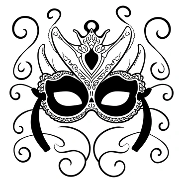 A masquerade mask with intricate patterns, prominently featuring a detailed "death's-head hawkmoth" design. The mask has ornate embellishments along the edges, showcasing a delicate lace pattern. There are elegant ribbons attached to the sides for securing it in place. The background is filled with swirling motifs that complement the mask's design.
