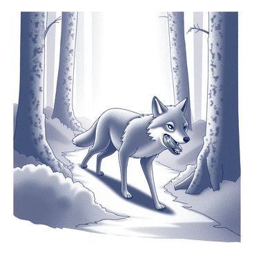 A coyote is walking along a narrow forest path. It has a small animal clutched in its mouth, showcasing its sharp teeth. The coyote's fur appears textured, blending with the surrounding foliage. Tall trees with rugged bark line the path, and there are patches of underbrush on either side. Sunlight filters through the leaves, casting dappled shadows on the ground. The atmosphere indicates a quiet, natural setting, with the coyote confidently navigating its way through the forest.