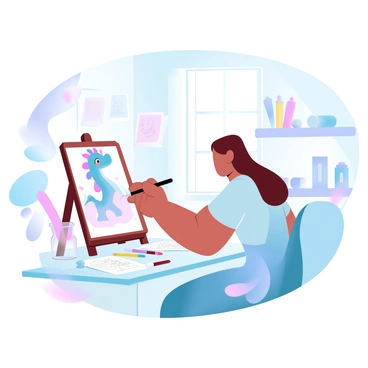 An artist is sitting at a wooden drawing board, surrounded by colorful markers and paintbrushes. The drawing board has a partially completed illustration featuring whimsical characters, such as a playful dragon and a cheerful unicorn, both with vibrant colors. The artist, wearing a paint-splattered apron, is focused on adding details to the characters. Bright sheets of paper with sketches and doodles are scattered across the workspace. In the background, there are shelves filled with art supplies and a large window letting in soft, natural light.