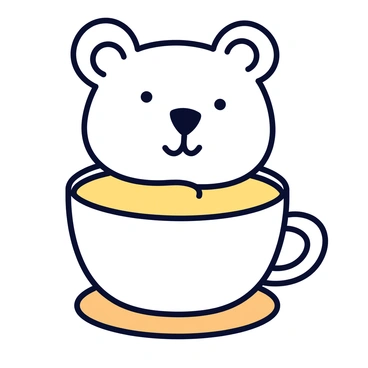 A latte with creamy, frothy milk creating a smooth surface. At the top of the latte, there is a bear face, featuring two round ears, large eyes, and a big, smiling mouth. The bear's face is intricately formed with cocoa powder, giving it depth and character. The latte is served in a white cup placed on a small wooden saucer.