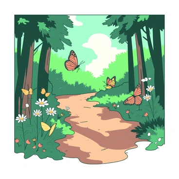 A serene forest path is surrounded by tall, green trees filtering sunlight that casts dappled patterns on the ground. The path is covered with soft, brown earth and scattered with small, vibrant wildflowers. On both sides of the path, numerous butterflies with intricate wing patterns in shades of orange and yellow flutter gracefully, catching the light as they move. Some butterflies are perched on the flowers, while others dance through the air, adding a sense of liveliness to the tranquil scene. The sun shines brightly, illuminating the surroundings and enhancing the colors of the butterflies and flowers.