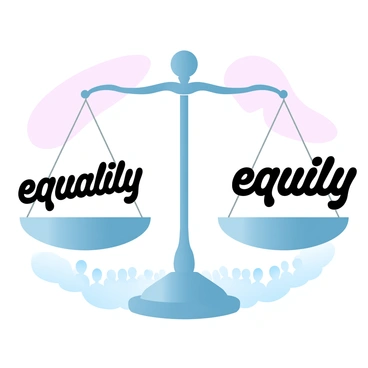 A pair of scales is positioned at the center of the image, perfectly balanced. One side of the scales is labeled with the word "equality" in bold lettering, while the other side is labeled with the word "equity" in matching style. The scales are made of polished metal, reflecting light softly. The background features a smooth gradient in pastel colors, transitioning from soft pink to light blue. Beneath the scales, there are subtle outlines of people, symbolizing a diverse community, without any individual features.