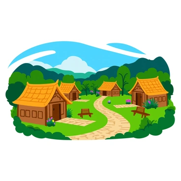 A traditional ASEAN historical village featuring several wooden houses with intricate carvings and thatched roofs. The houses are arranged along a winding path made of cobblestones, creating an inviting atmosphere. Lush greenery surrounds the village, with tropical plants and flowers adding vibrant colors. Small wooden benches are placed along the paths, inviting visitors to sit and enjoy the scenery. A clear blue sky overhead complements the warm sunlight illuminating the village.