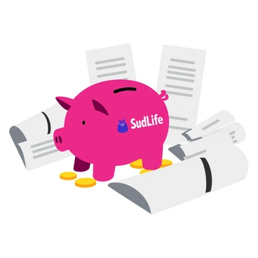 A pink piggy bank with a "SudLife" logo prominently displayed on its side. The piggy bank has a rounded shape and a coin slit on the top. Coins are spilling out of the piggy bank, creating a small pile on the surface below. Surrounding the piggy bank are several policy documents, each with crisp edges and text visible, some partially rolled and others flat. The setting has a clean surface, emphasizing the contrast between the colorful piggy bank and the white documents.