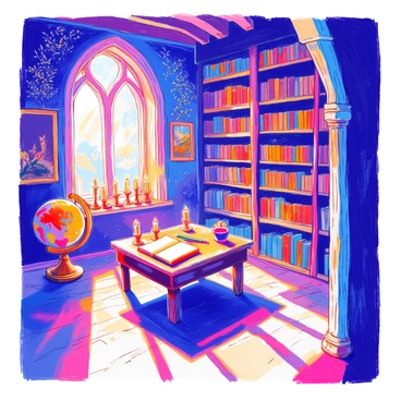 A hidden library is filled with ancient books stacked on wooden shelves that stretch to the ceiling. The room is dimly lit by flickering candles set in ornate candle holders. Dust motes float in the air, illuminated by shafts of light filtering through tall, arched windows. An old wooden table sits in the center, covered with an open book and a quill resting in an ink pot. The walls are adorned with intricate tapestries depicting mythical scenes, and a large globe stands in one corner, hinting at far-off lands. Shadows dance across the stone floor, creating a mysterious atmosphere.