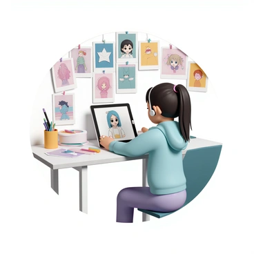 A young girl, wearing a light blue hoodie and purple leggings, is sitting at a desk with a large tablet in front of her. She is focused on drawing an anime character on the screen with a stylus in her right hand. The girl's hair is styled in a long ponytail, and she has headphones around her neck. Surrounding her are colorful reference images pinned on the wall, showcasing various anime characters and art styles. The desk is cluttered with art supplies, including markers and sketchbooks, creating a vibrant and creative atmosphere.