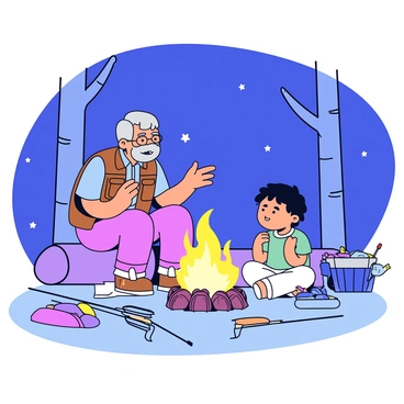 An elderly fisherman with gray hair and a weathered face is sitting on a log next to a bright campfire. He wears a rugged fishing vest with several pockets. The fisherman is animatedly telling stories, using his hands for emphasis. A young child with wide eyes and tousled hair sits cross-legged on the ground, captivated by the tales. The campfire produces warm, flickering light that casts a glow on their faces. Surrounding them are a few scattered fishing rods and a basket filled with bait, indicating the earlier fishing trip. The scene is set against a backdrop of tall trees under a starry night sky.
