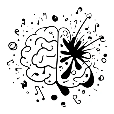 An explosion of colorful paint and musical notes emerging from the right brain
