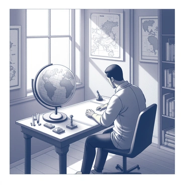 A cartographer is focused on sketching a large globe on a sheet of paper. The cartographer is seated at a wooden desk, cluttered with various tools such as compasses, rulers, and ink pots. The room is filled with old maps hanging on the walls and shelves lined with books. Sunlight streams through a window, illuminating the intricate details on the globe as the cartographer carefully draws landmasses and oceans. The floor is wooden, and there is a sense of historical authenticity in the design of the furniture and decor.