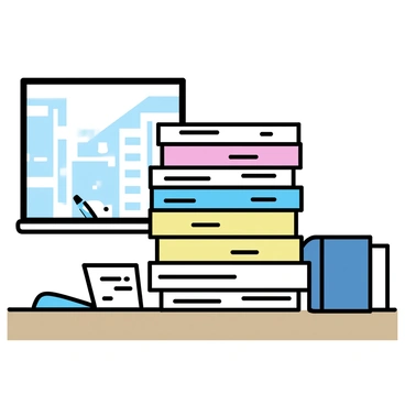 A large stack of manuscript submissions sits on a wooden editor's desk. The papers are neatly organized, with various colors of cover sheets peeking out from the top. A silver pen rests beside the stack, and a small notepad with handwritten notes is positioned in front of it. A single book, with a dark blue cover, lies open on the desk, next to the stack. A window in the background reveals a blurred view of an office building, allowing soft light to illuminate the scene.