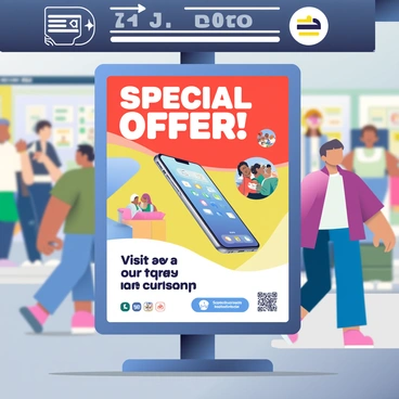 A colorful flyer is prominently displayed at a busy subway station. The flyer features a vibrant background with bold colors like red, blue, and yellow. Large, eye-catching text at the top reads "Special Offer!" in white letters. Below that, there is an image of a product, a sleek smartphone, depicted in shiny silver with a bright screen showcasing various app icons. Surrounding the smartphone, there are smaller graphics of people enjoying the product in urban settings. In the bottom section of the flyer, the text "Visit our store today!" is written in large, friendly font, and there are social media icons and a QR code included for easy access. The atmosphere is lively, with people passing by, some stopping to take a closer look at the flyer.