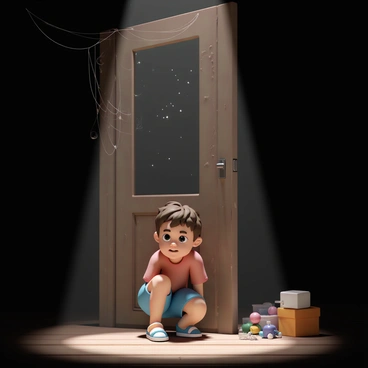 A child, wearing a red t-shirt and blue shorts, is crouching in a dimly lit attic. The child has messy brown hair and wide eyes filled with curiosity. In front of them is a wooden door, slightly ajar, revealing shadows inside. The door is old and covered with peeling paint. Dust particles float in the air, illuminated by a beam of sunlight coming through a small window. Cobwebs stretch from the doorframe to the nearby wooden beams, adding to the atmosphere of mystery. Old boxes and forgotten toys are scattered around the attic floor, hinting at a long-abandoned space.