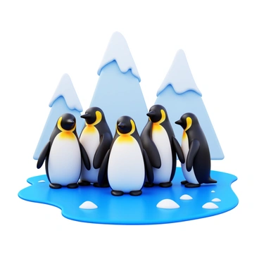 A group of penguins huddled together on an icy landscape with snowy peaks in the background