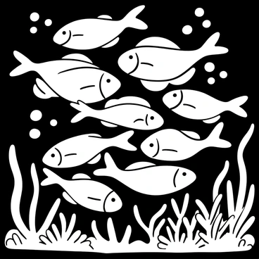 A school of halibut swimming together in a precise formation in the deep ocean. The halibut have flat, oval bodies and are depicted in various orientations to showcase their unique shape. Surrounding the halibut are abstract representations of underwater plants and structures, creating a sense of depth in the ocean environment. Bubbles rise from the group, adding to the feeling of movement through the water.