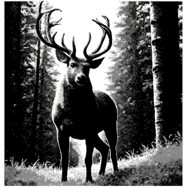 A majestic creature stands tall in the forest, its large antlers extending outward and intricately entwined with leaves and small sparkling jewels. The creature has a powerful and muscular body, covered in a thick coat of fur that blends seamlessly with the surrounding environment. Its eyes are sharp and alert, surveying the area for any signs of danger. The forest is dense with tall trees and thick underbrush, providing a natural backdrop that emphasizes the creature's role as the guardian of this habitat. Sunlight filters through the tree branches, creating dappled light patterns on the forest floor.
