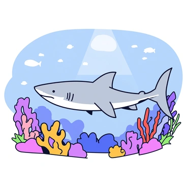 A large shark with a streamlined body is swimming powerfully through an underwater scene. The shark has a light gray color and distinct fins that cut through the water. Surrounding the shark is a vibrant coral reef filled with various shapes and colors. The reef displays bright orange, purple, and green corals, creating a lively backdrop. Small fish dart among the corals, adding movement and life to the underwater environment. Sunlight filters down from the surface, illuminating the scene with a gentle glow.