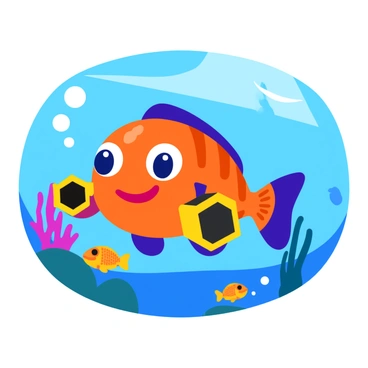 A colorful cartoon fish with bright orange and blue scales is holding an underwater camera. The fish has large expressive eyes and a wide smile. Bubbles are rising around the fish, and a few vibrant coral reefs are visible in the background. The camera is designed with a fun, chunky shape, and the fish is aiming it towards a school of smaller, shimmering fish nearby. Sunlight filters down from the surface, creating a sparkling effect in the water.