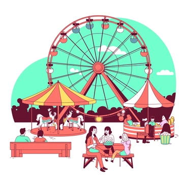 An orange Ferris wheel spins against a teal sky at an exciting fairground. Beneath the ride, happy families are gathered, enjoying the atmosphere. Colorful carousel horses are prancing on a nearby carousel, each adorned with vibrant decorations. Stalls selling cotton candy and popcorn are placed around the fairground, with guests eagerly enjoying their treats. Brightly colored tents provide shade for families sitting on benches, laughing and chatting as they watch the rides.