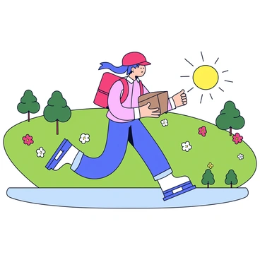A courier on rollerblades is weaving through a park filled with green grass and colorful flowers. The courier is wearing a bright red helmet and a matching red backpack. In one hand, the courier is holding a small package wrapped in brown paper. The sun is shining, and there are a few trees scattered throughout the park.