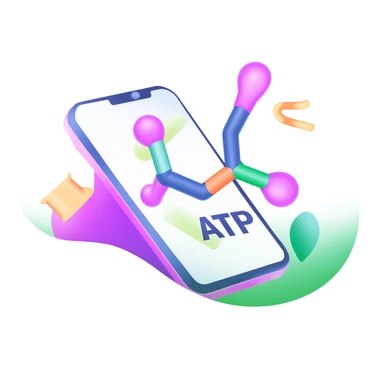 A 3D model illustration of "ATP" displaying its molecular structure prominently. The model showcases distinct components such as "adenine," "ribose," and "phosphate groups," each labeled clearly. The structure is depicted with vibrant colors to differentiate the parts, and the bonds between them are highlighted for clarity. The background contains subtle gradients to enhance the visibility of the ATP model without distracting from it.