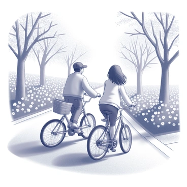 Two friends riding bicycles side by side. The bicycles are classic in style, with a basket on the front of one. Both friends are wearing casual clothing suitable for spring weather. The street is lined with flowers of various types, creating a vibrant atmosphere. Sunlight filters through the trees above, casting dappled shadows on the ground as they pedal along the pathway.