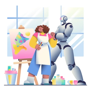 An artist with light skin and curly brown hair is standing next to a large canvas in a well-lit studio. She is wearing a white apron over a colorful blouse and has paintbrushes in her right hand. Beside her is a sleek, modern AI robot with a silver metallic body and glowing blue accents. The robot is using its mechanical arm to apply vibrant paint to the canvas, creating abstract patterns. The studio is filled with various art supplies, including tubes of paint, brushes, and a wooden easel. Bright sunlight floods through large windows, illuminating the scene.