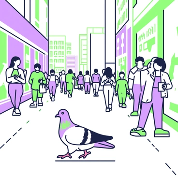 A pigeon fearlessly strutting across a bustling city sidewalk