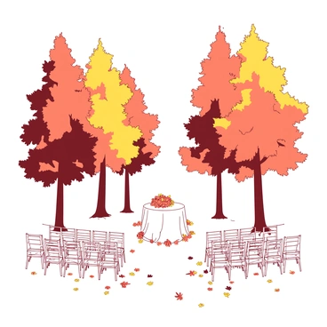 A backdrop of tall trees adorned with colorful autumn leaves, showcasing shades of orange and yellow. The leaves are vibrant and scattered on the ground, creating a warm carpet of color. In front of the trees, there are delicate white chairs arranged in neat rows for the wedding ceremony. A white altar draped in soft fabric is set up under the trees, framed by the bright foliage. The atmosphere is filled with a sense of celebration and beauty, making it an ideal setting for a fall wedding.