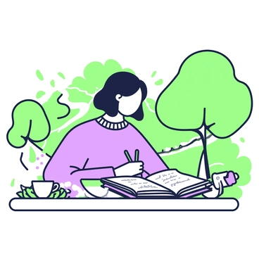 A person is sitting at a wooden table, writing in a journal. They have medium-length hair and are wearing a comfortable sweater. The journal is open in front of them, showcasing a page filled with handwritten notes. In the background, there are lush green trees and a flowing river, creating a tranquil atmosphere. The light filters through the leaves, casting dappled shadows on the table. A small cup of tea sits beside the journal, steam rising gently from it. A few colorful wildflowers are placed near the edge of the table.